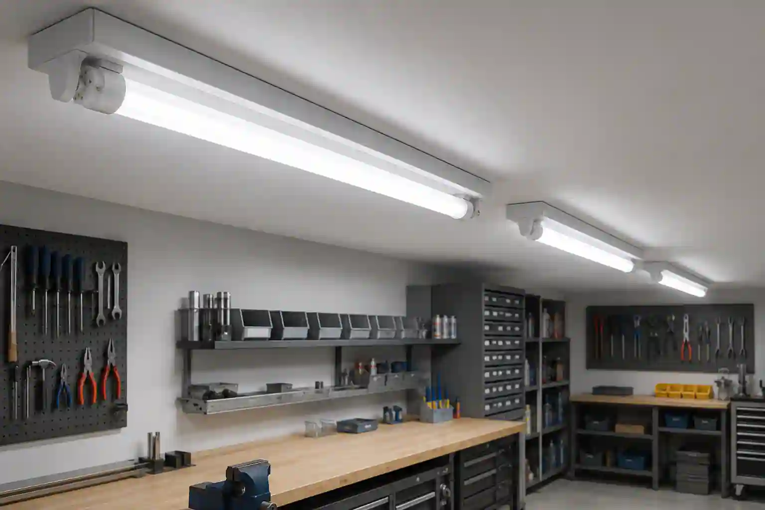 Rozsvícená LED trubice osvětlující pracovní prostor dílny